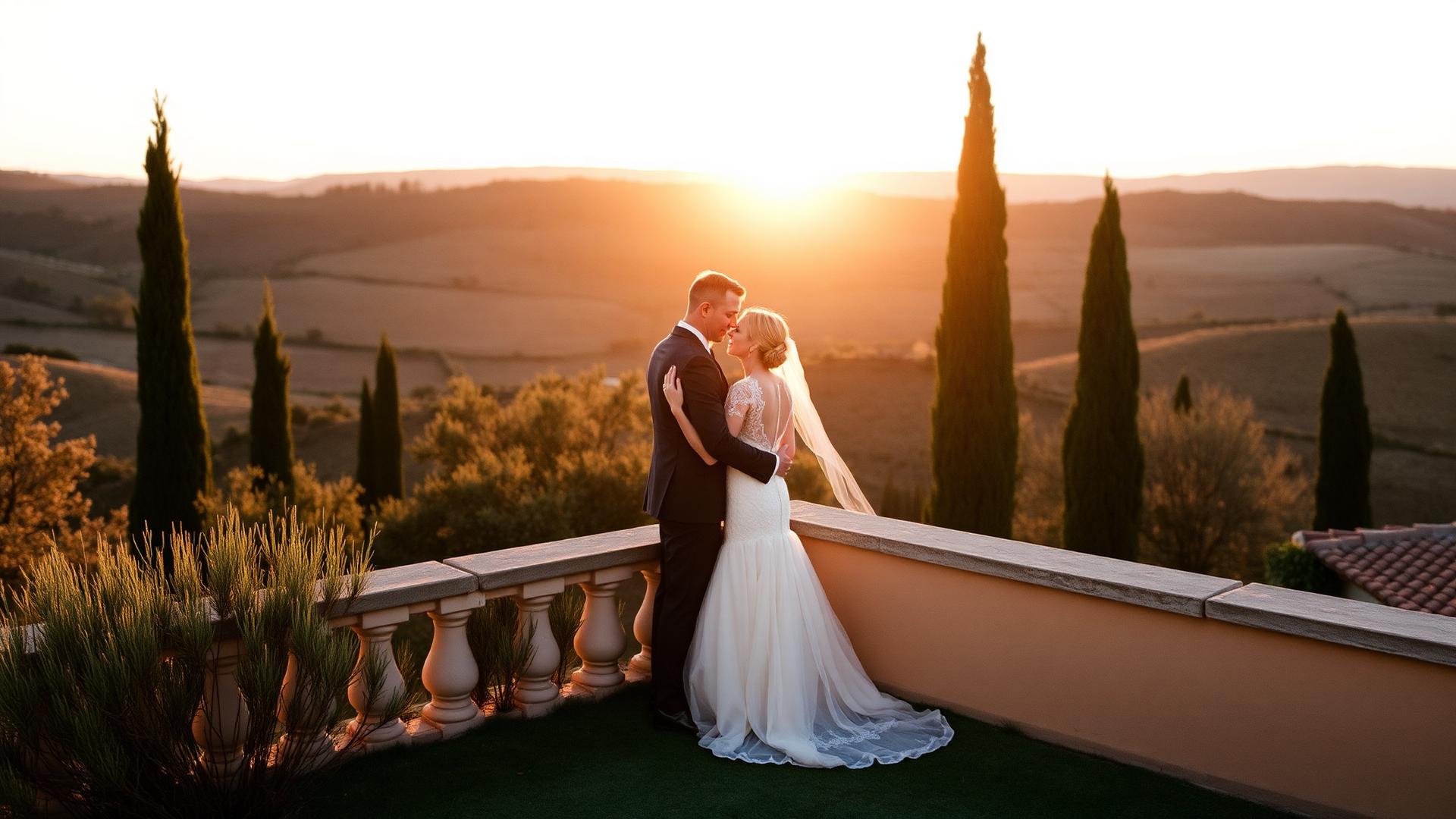 Couple at sunset on a Tuscan villa terrace