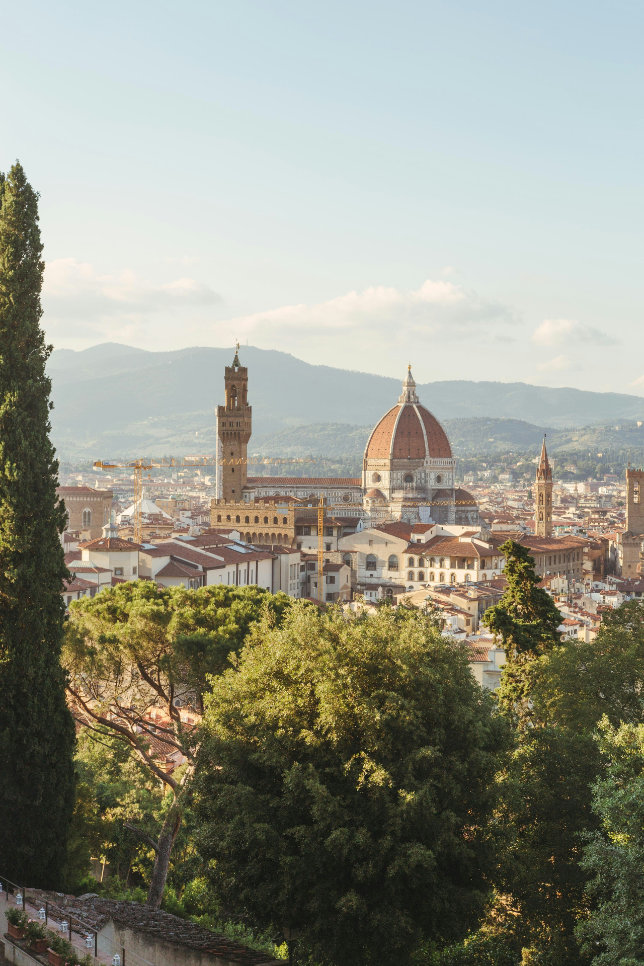 Florence skyline with the Duomo and Palazzo Vecchio at golden hour